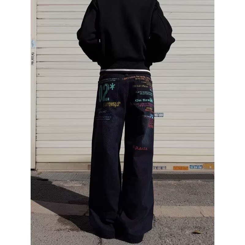 Americano Retro colorido carta Slogan Jeans de perna larga feminino outono inverno solto rua Casual em linha reta esfreg