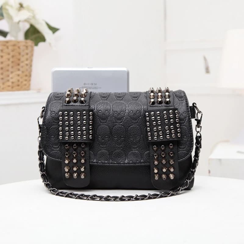 SHELKSBAG Estilo Retro Bolsas De Ombro Femininas Preto Moda Crânio Crossbody Bolsa Punk Gótico Rebites De Couro PU