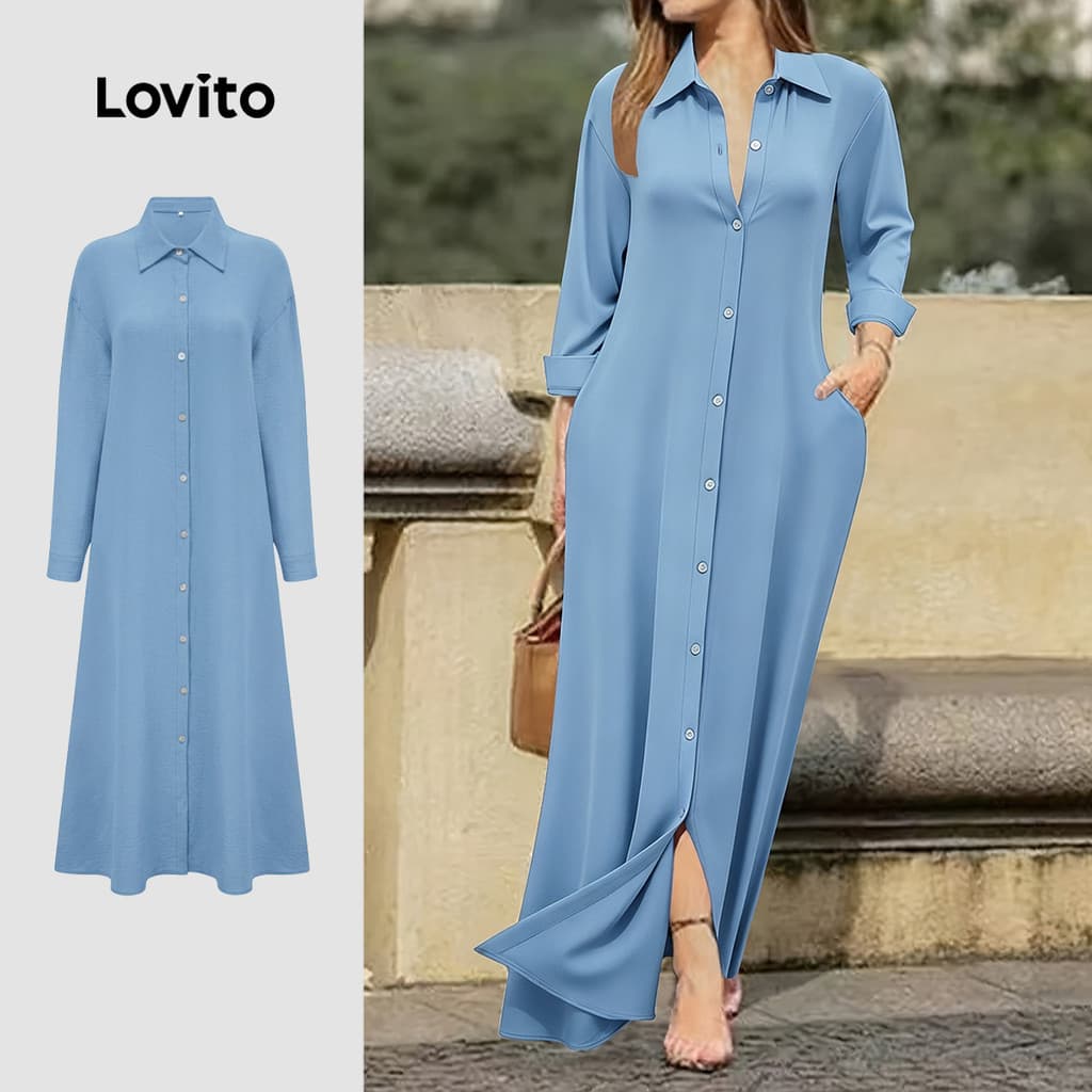Lovito Vestido Azul Casual de Primavera/verão para Mulheres com Botões Na frente LK6LD025
