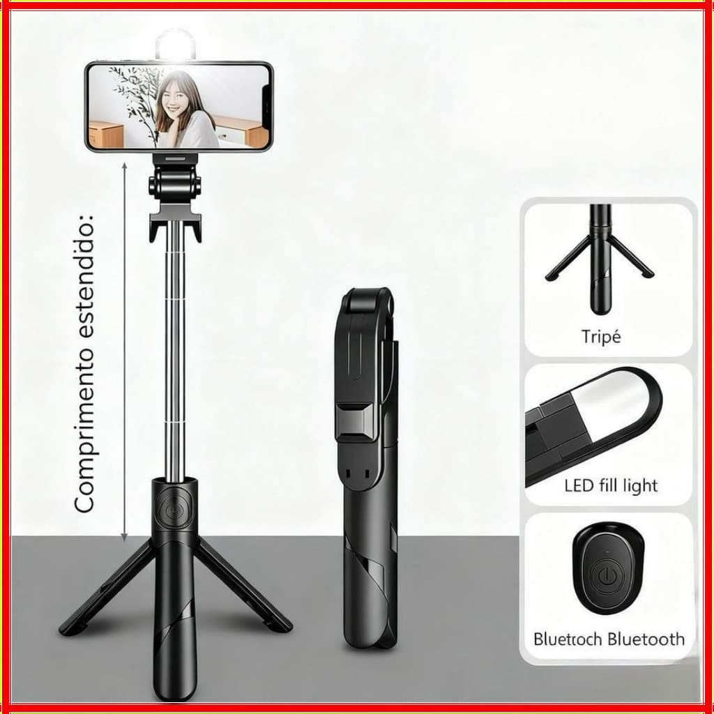 Tripé para Celular com Selfie Stick, Luz de Preenchimento LED e Controle Sem Fio Compacto e Versátil