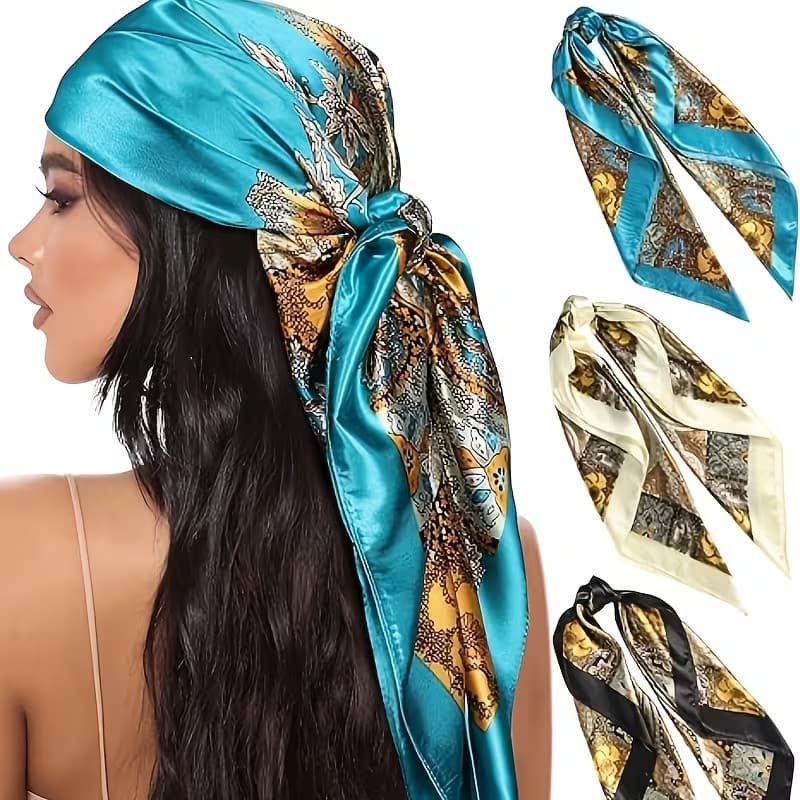 KIT 3 Pcs Lenço Feminino Cetim Seda Estampado Cabelo Pescoço Bolsa Bandana 90x90