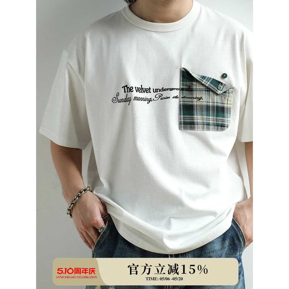 260G Casual estilo japonês malha de seda solta impressa em torno do pescoço camiseta bolso Design manga curta camiseta M