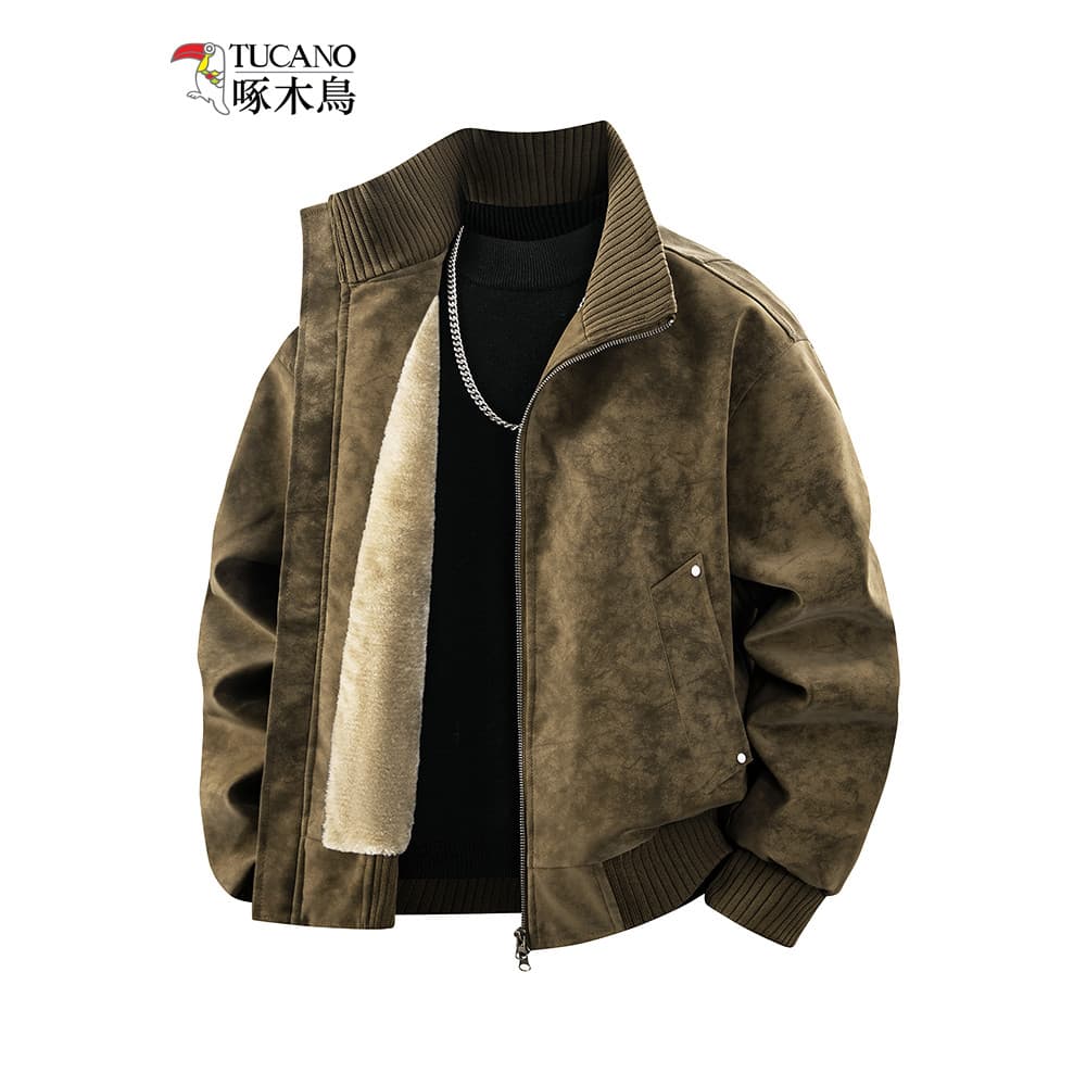 Woodpecker primavera outono americano Retro marrom gola alta camurça jaqueta casaco masculino Melader veludo inverno top