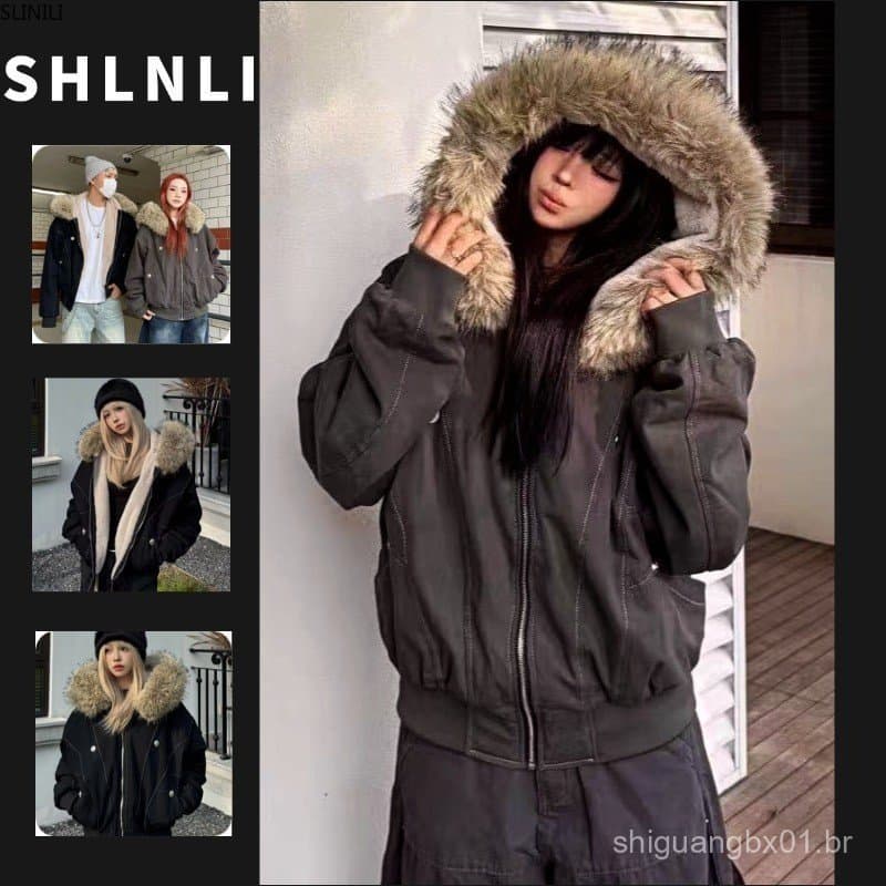 Jaqueta Curta de Algodão Espesso com Capuz para Mulheres, Estilo Coreano, Outono Inverno UJMO