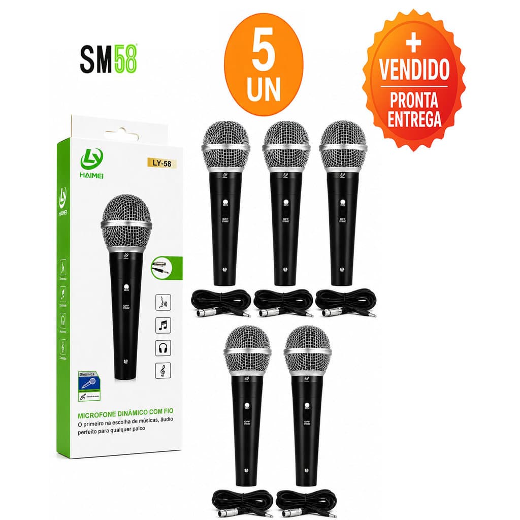 KIT 5 Microfone Dinâmico Com Fio 5 Metros SM58 Cabo Grosso Karaokê Igreja Eventos Alta qualidade