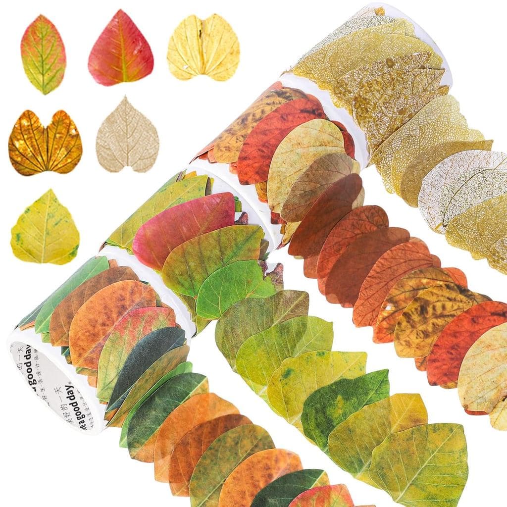 Fita Washi Whaline Folhas de Outono, Fita Adesiva Decorativa com Folhas de Bordo Artificiais, Adesivos com Formas Variad
