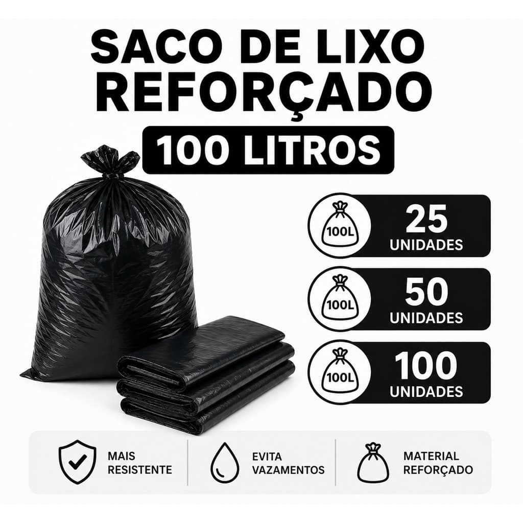 SACO DE LIXO PRETO REFORÇADO 100L – COM 25 50 E 100 UNIDADES RESISTENTE - ENVIO RÁPIDO