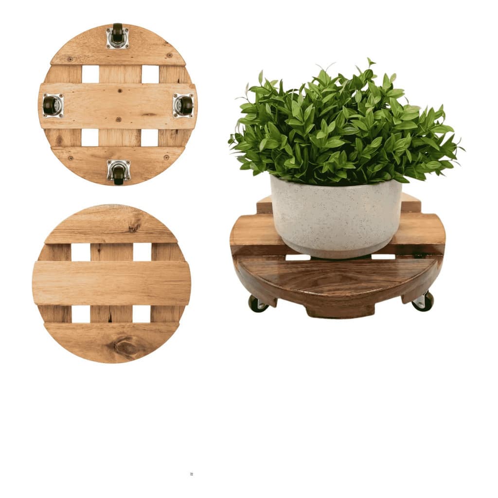 Suporte De Madeira Redondo com 25cm Rodinhas Giratória Para Vaso De Planta, Botijão, Galão de água