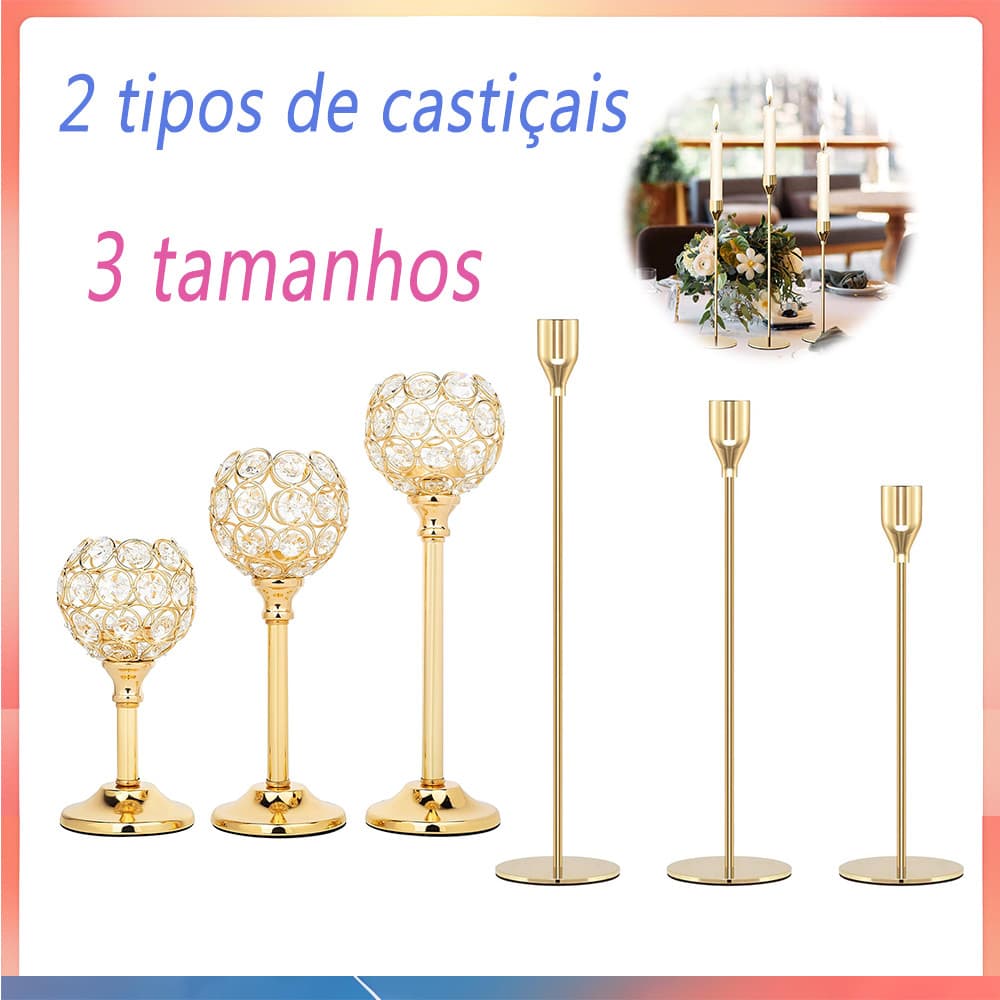 Conjunto de suporte de vela de Metal dourado conjunto de 3 peças (suporte de vela de cristal ou castiçal trompete)