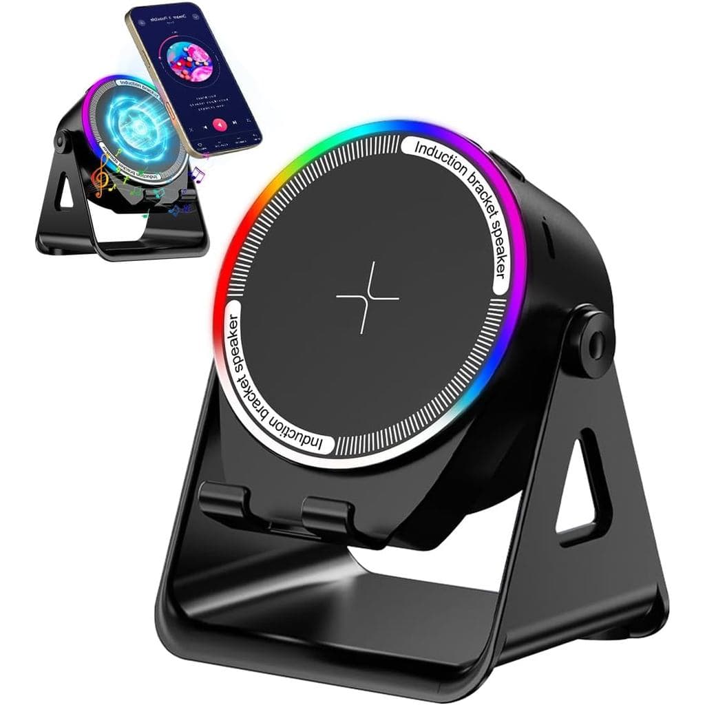 Caixa de Som Bluetooth, Caixa de Som Sem Fio 4 em 1 com Indução e Suporte de Luz RGB, Suporte Multifuncional para Telefo