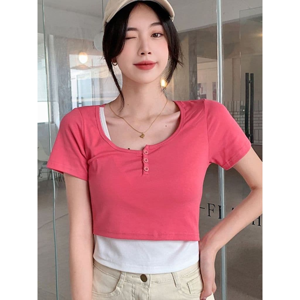 Menina quente falso de duas peças de manga curta camiseta feminina verão estilo curto doce estilo quente jazz dança roup