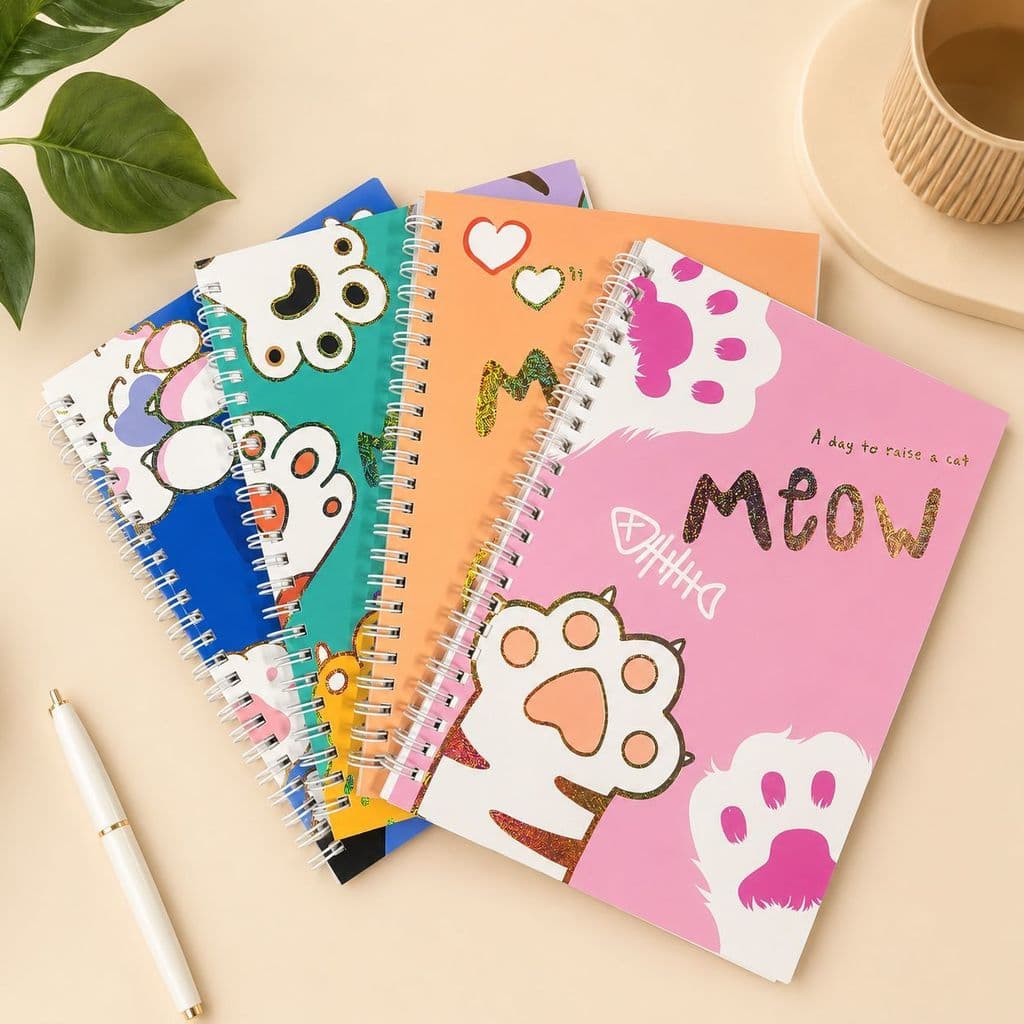 Caderno Kawaii Gatinho com Glitter 58 Folhas Espiral Escolar Fofo Para Estudos