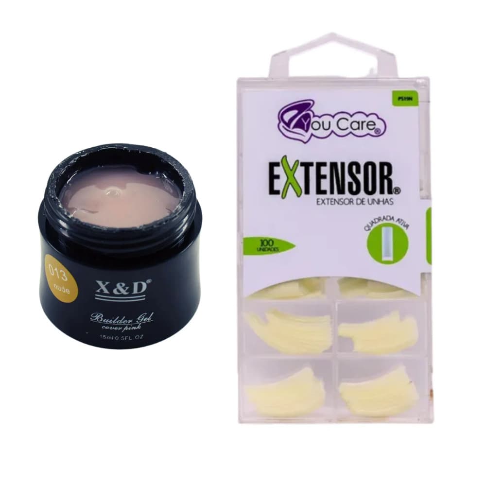 Kit Builder Gel XeD 15g Nude 13 + Tips Extensor De Unhas Quadrada Ativa 100 Unidades You Care