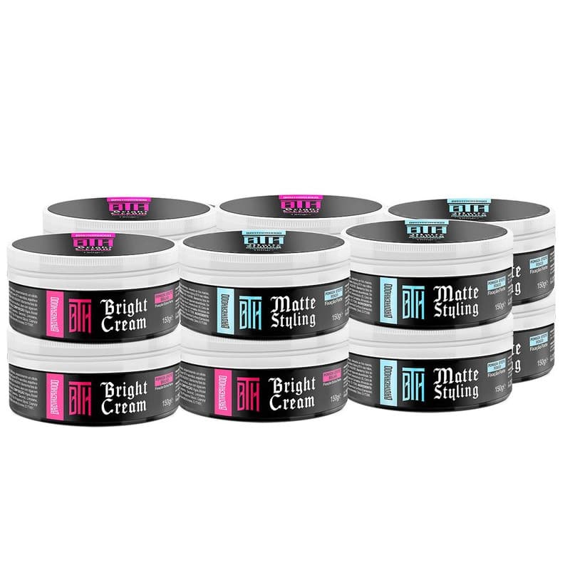 Kit 12 Pastas Modeladoras para Barbearia 6 Seco (Matte) + 6 Brilho (Bright) - BTH Brotherhood 80g