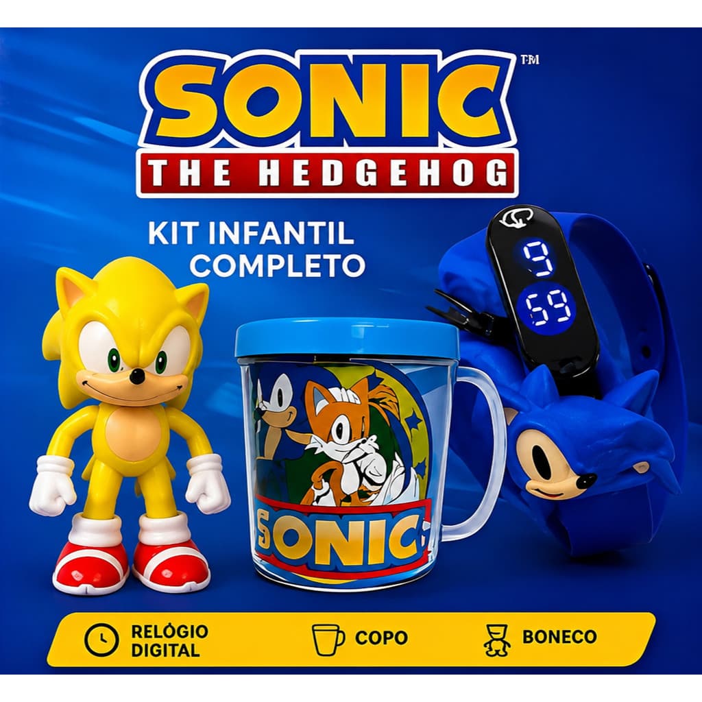 Kit Sonic Amarelo Completo - Boneco + Copo + Relógio LED