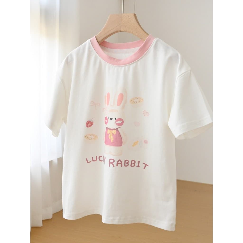 Extra fino macio crianças de manga curta meninas coelho impresso camiseta All-Match em torno do pescoço topo médio grand