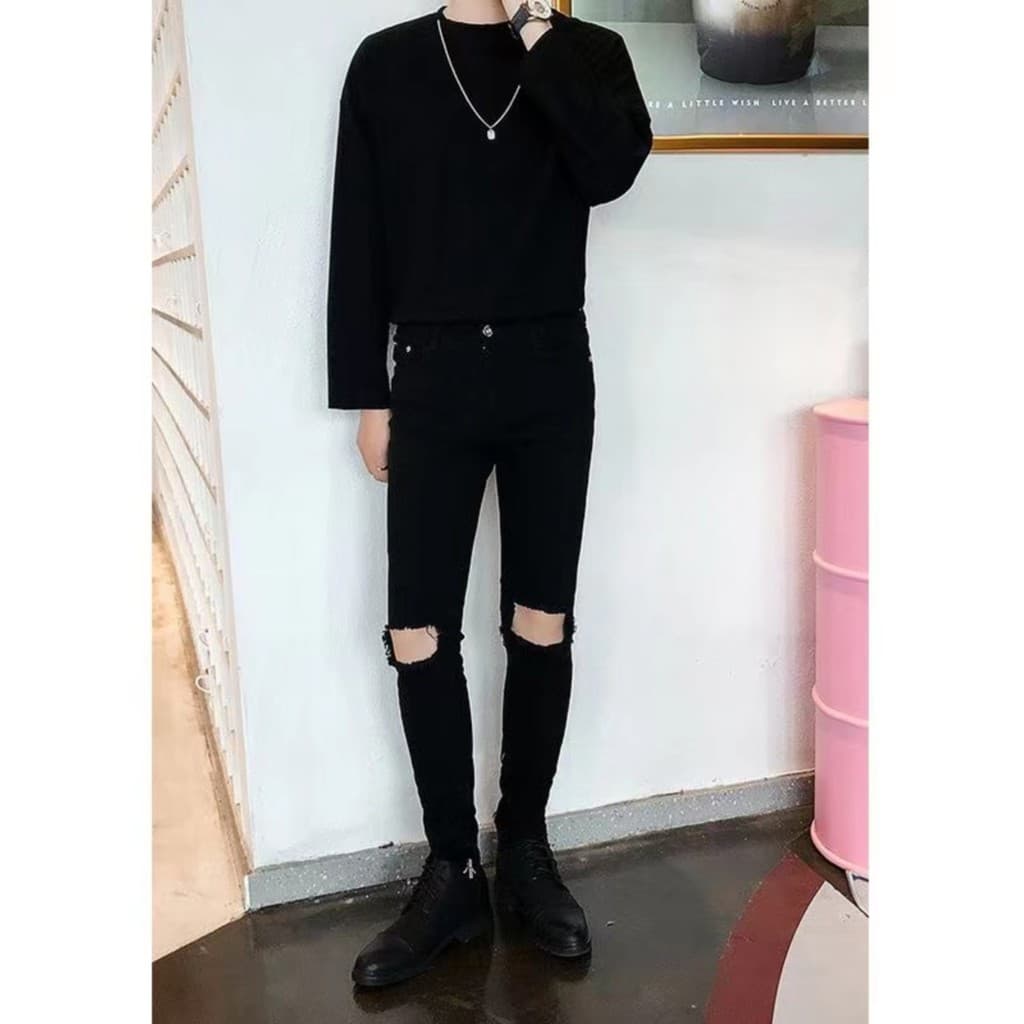 Yibo estilo fino na moda preto fino-ajuste calças rasgadas estiramento Jeans masculino Street Wear rufião bonito calças