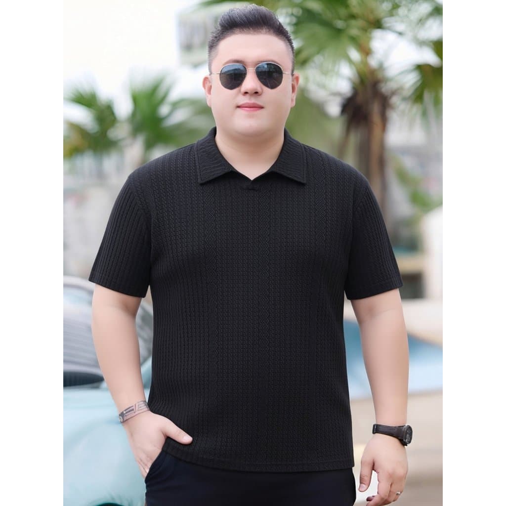 Moda estilo europeu americano tamanho grande estilo dinheiro antigo textura lapela camisa polo gordura masculina Casual