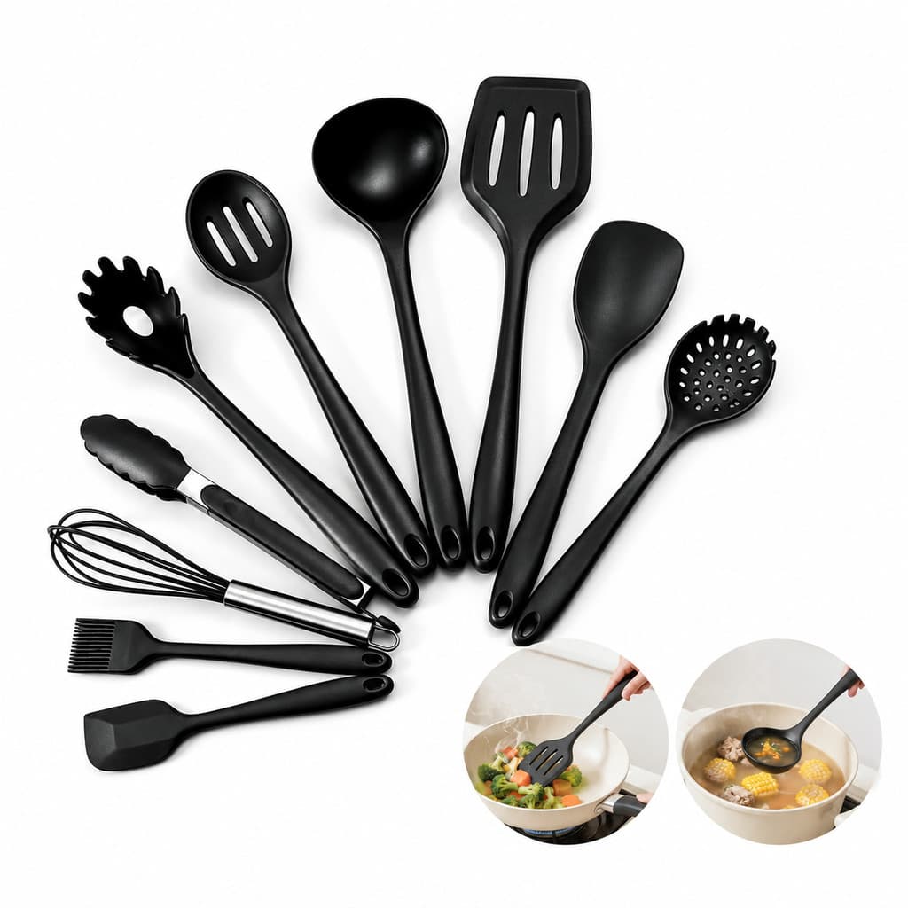 Kit 10 Pecas Utensilios De Cozinha Completo Silicone Espatula Pegador Concha S3