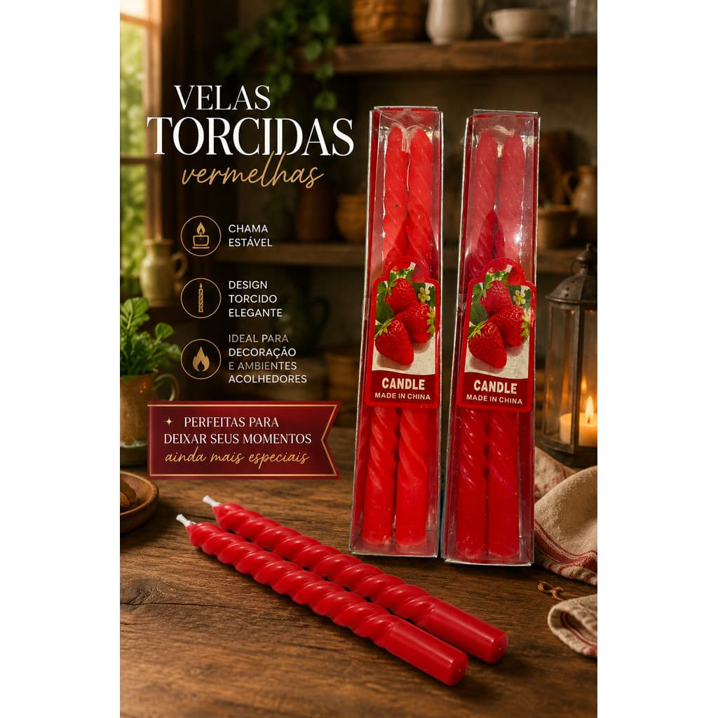 Vela Decorativa Torcida Vermelha 20cm - Kit com 2 Unidades