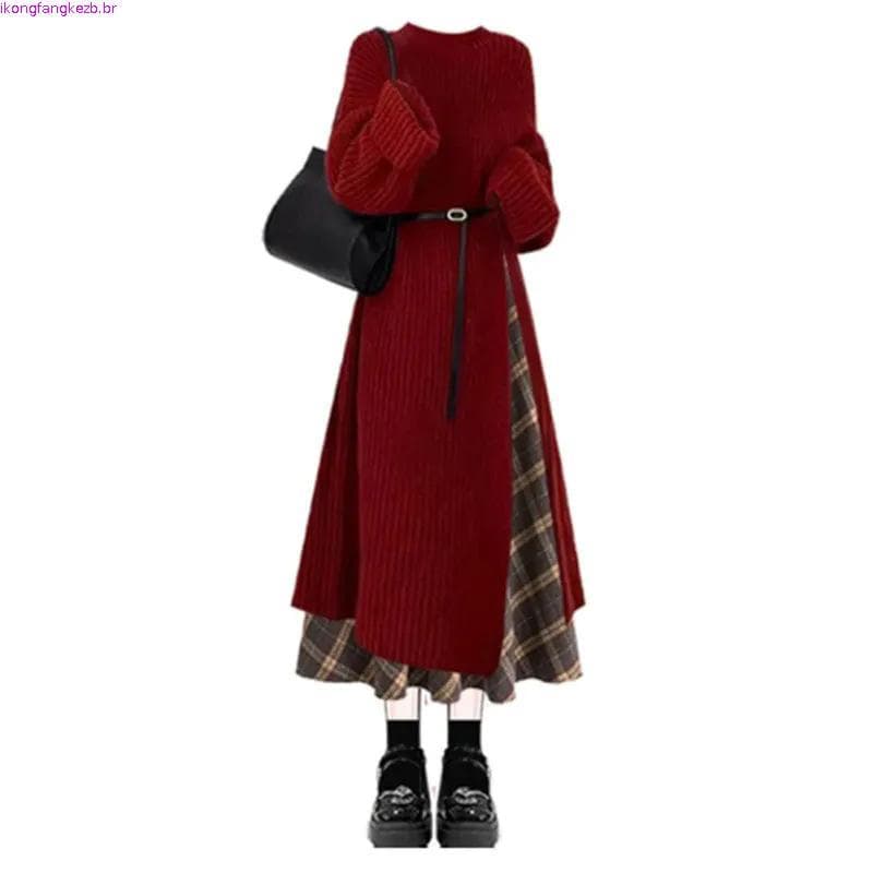 Csa de ano novo com aparência gigante, roupas de inverno, vestido de malha vermelho, exclusivo, lindo, saia retrô xad