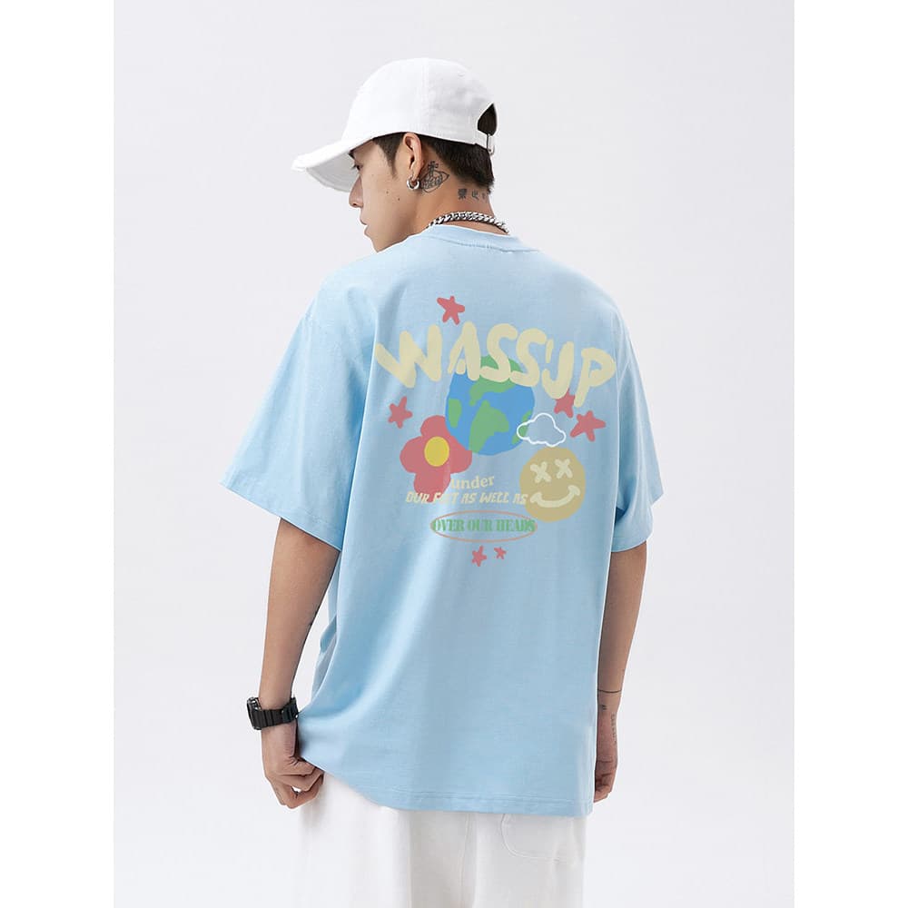WASSUP HEODS Graffiti Letter Camiseta de manga curta masculina verão solta pesada americana Street Wear camiseta Top