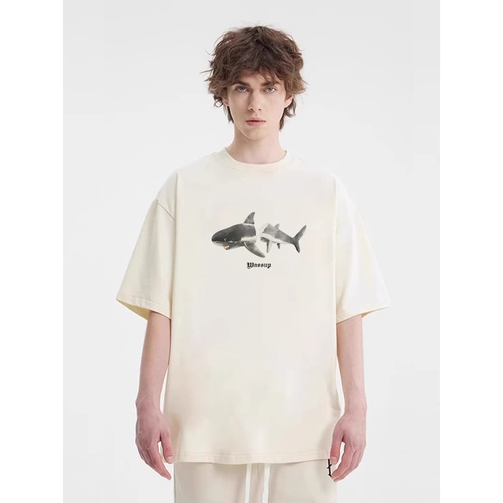 WASSUP Shark 3D Inkjet Camiseta de manga curta masculina verão solta Casual algodão pesado casal em torno do pescoço cam