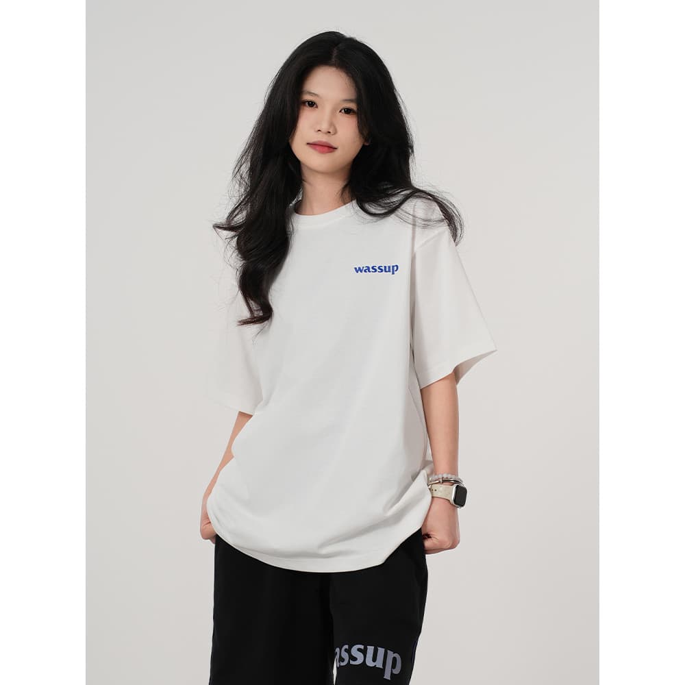 WASSUP National Trendy Heavy Letter Camiseta de manga curta feminina verão novo estilo solto Casual All-Match esportes m
