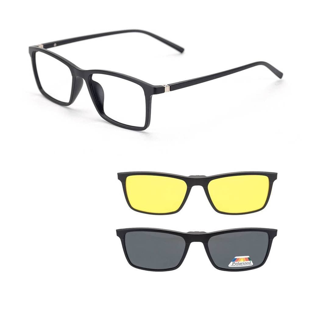 Armação de Oculos de Grau e Sol Masculino Preto Polarizado Clip On 3 em 1 Imã Magnético Quadrado Mod 3503