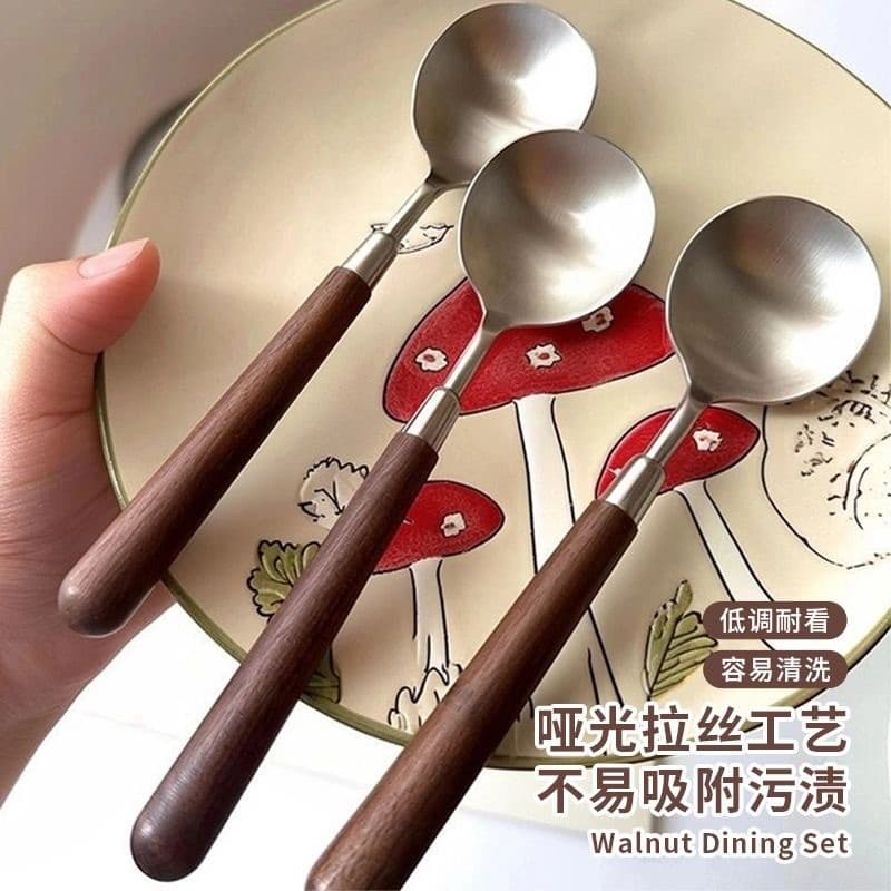Colher de sopa de aço inoxidável com acabamento em madeira de nogueira, colher para fondue, colher de servir, colher de