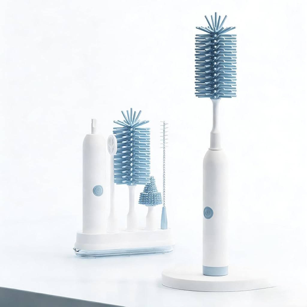 Escova Elétrica Recarregável para Garrafas com Suporte - 360 °   Limpador de Silicone Spin para Mamadeiras, Extratores d