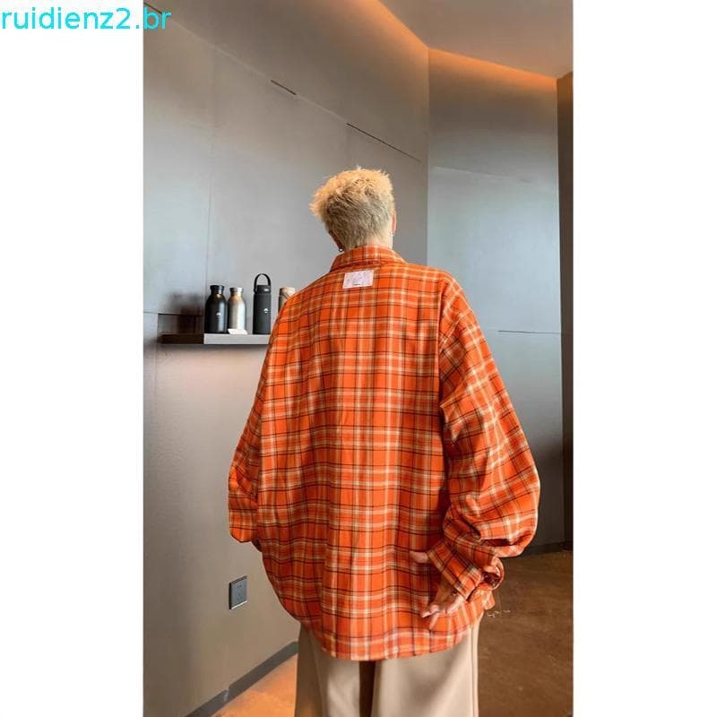 Americano Retro laranja xadrez csa de manga comprida masculina primavera outono novo estilo solto All-Match Casual Hi