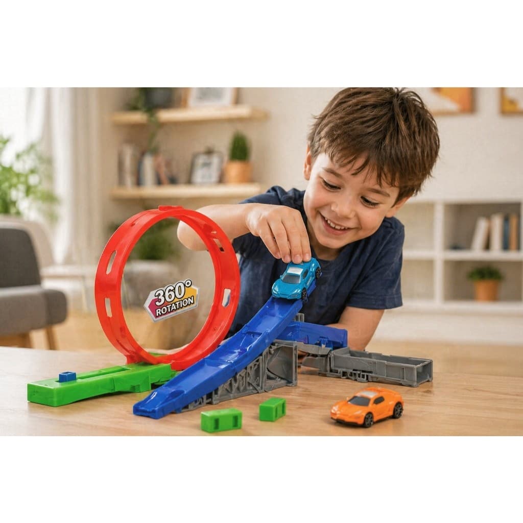 Brinquedo infantil carrinho lançador pista 360 graus montagem interativo divertido crianças