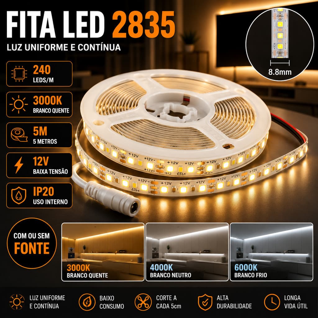 Fita LED 2835 5M 12V 240LEDs IP20 3000K 4000K 6000K