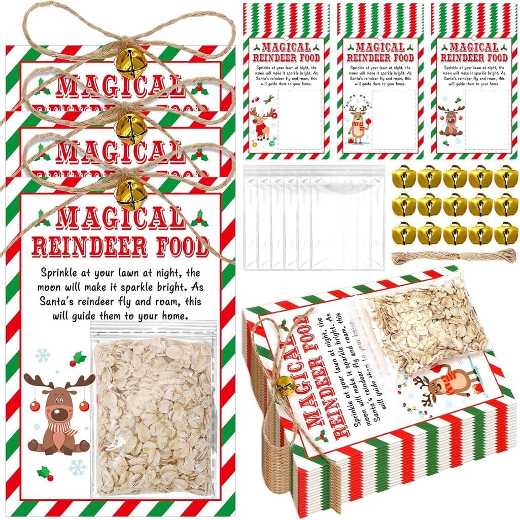 Tenceur 144 Pcs Magical Reindeer Food Treat Bag with Reindeer Food Labels Bells Christmas Plastic Goodie Bags Christmas