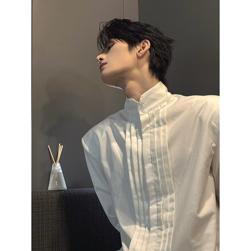 Estilo tribunal francês gola alta camisa branca masculino nicho Design sentido ombreiras soltas de manga comprida três d