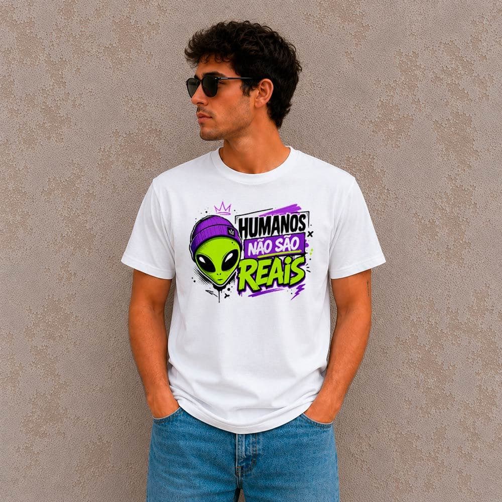 Camiseta Humanos Não São Reais Alien Pop Art | Camisa Masculina Geek Streetwear 100% Algodão Fio 30.1