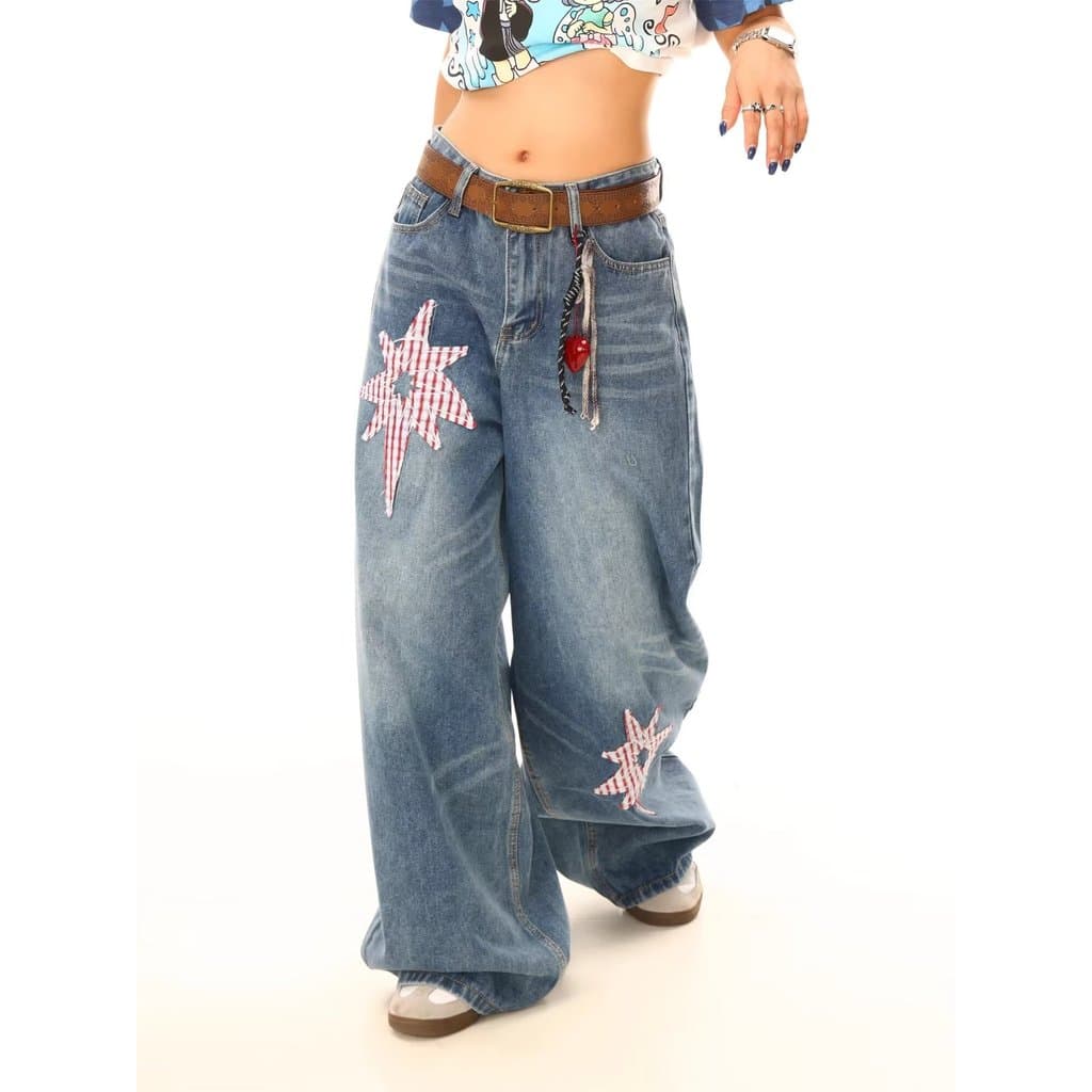 Americano High Street Retro lavado bordado rasgado Jeans masculino feminino Design solto moda calças de perna larga Stre