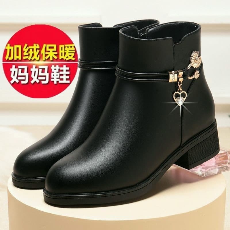 Inverno Real couro macio mãe sapatos de algodão botas femininas botas curtas salto grosso velo quente sapatos femininos