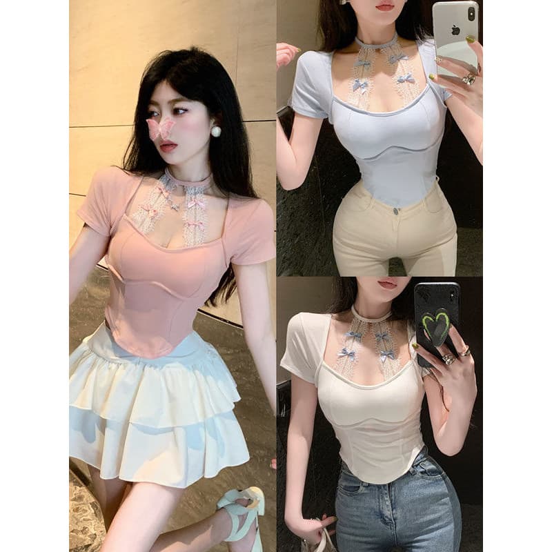 Mint Mambo Halter pescoço laço arco de manga curta camisa de fundo camiseta feminina verão mais magro olhar quente menin
