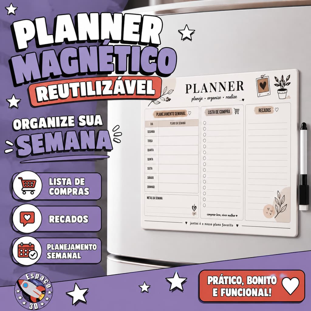 Planner Magnético Semanal Geladeira Reutilizável com Caneta Lista de Compras e Tarefas 🧲✨