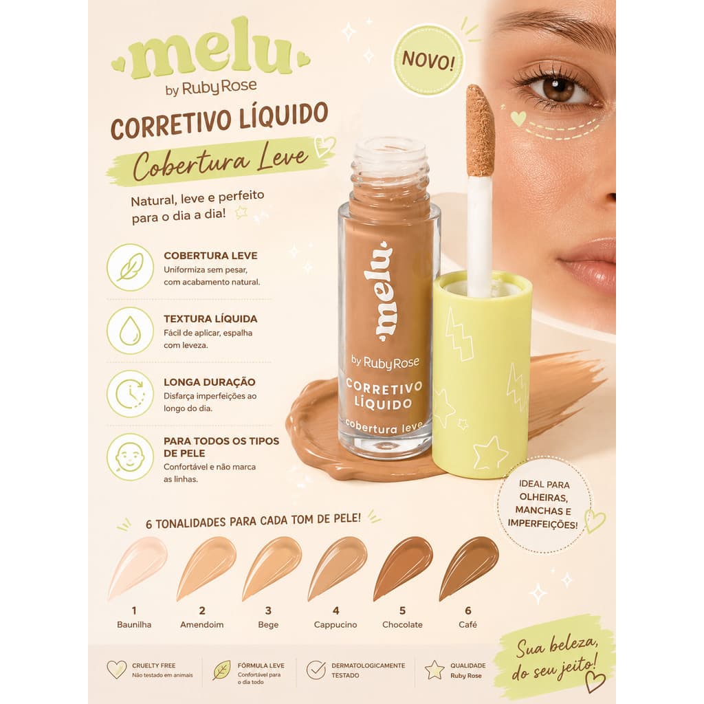 Corretivo Líquido Melu By Ruby Rose HB-8104 Cobertura Natural