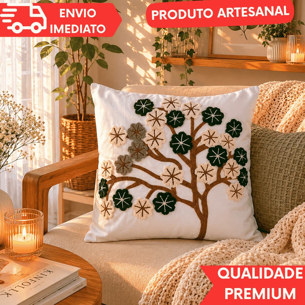 CAPA DE ALMOFADA DECORATIVA ÁRVORE VERDE LUXO SALA E QUARTO