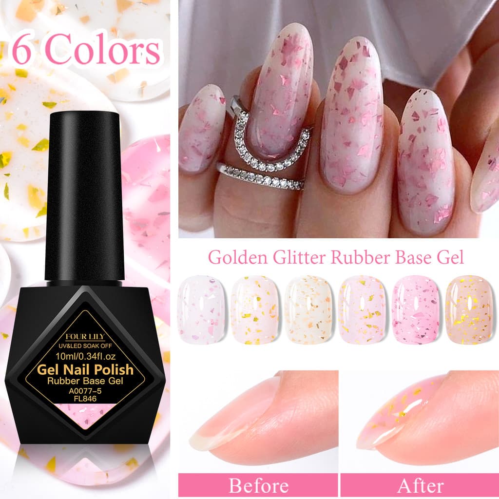 FOUR LILY 10ml Gel Base De Borracha De Ouro Triturado Renderização De Cores Brilho Dourado Série Nua Luminosa Longa Dura