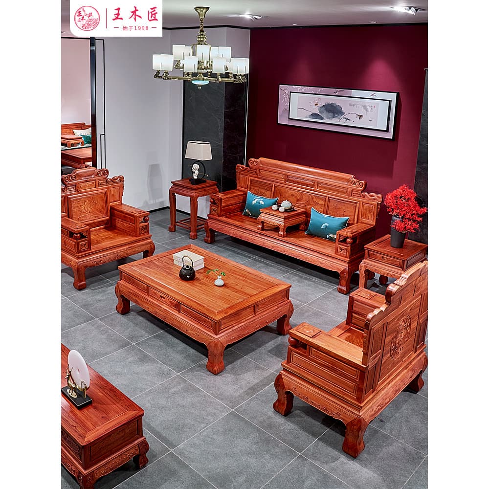 Wang carpinteiro mogno móveis mianmar jacarandá sofá grande fruta vermelho sândalo Villa conjunto de seis peças estilo c