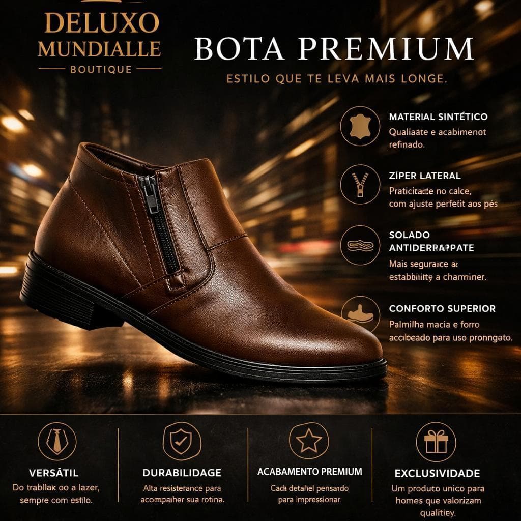 Bota Masculina Social Cano Curto com Zíper Lateral Confortável Couro Sintético Premium Antiderrapante Casual