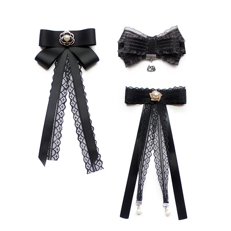 Gravata borboleta de renda preta princesa Lolita leque fita gravata borboleta flor fivela pino combinando camisa branca
