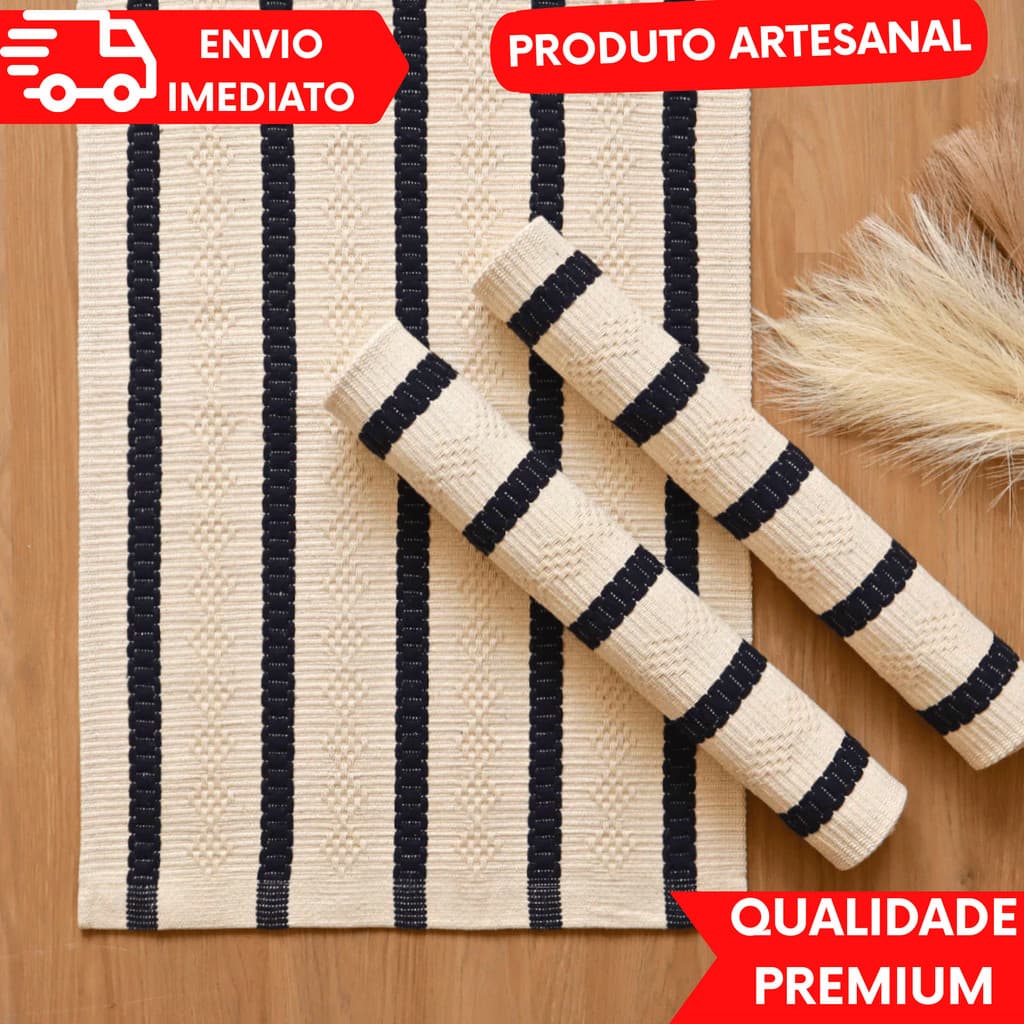Jogo de Cozinha 2 tapetes e 1 passadeira em tear manual artesanal quarto banheiro e área de lazer