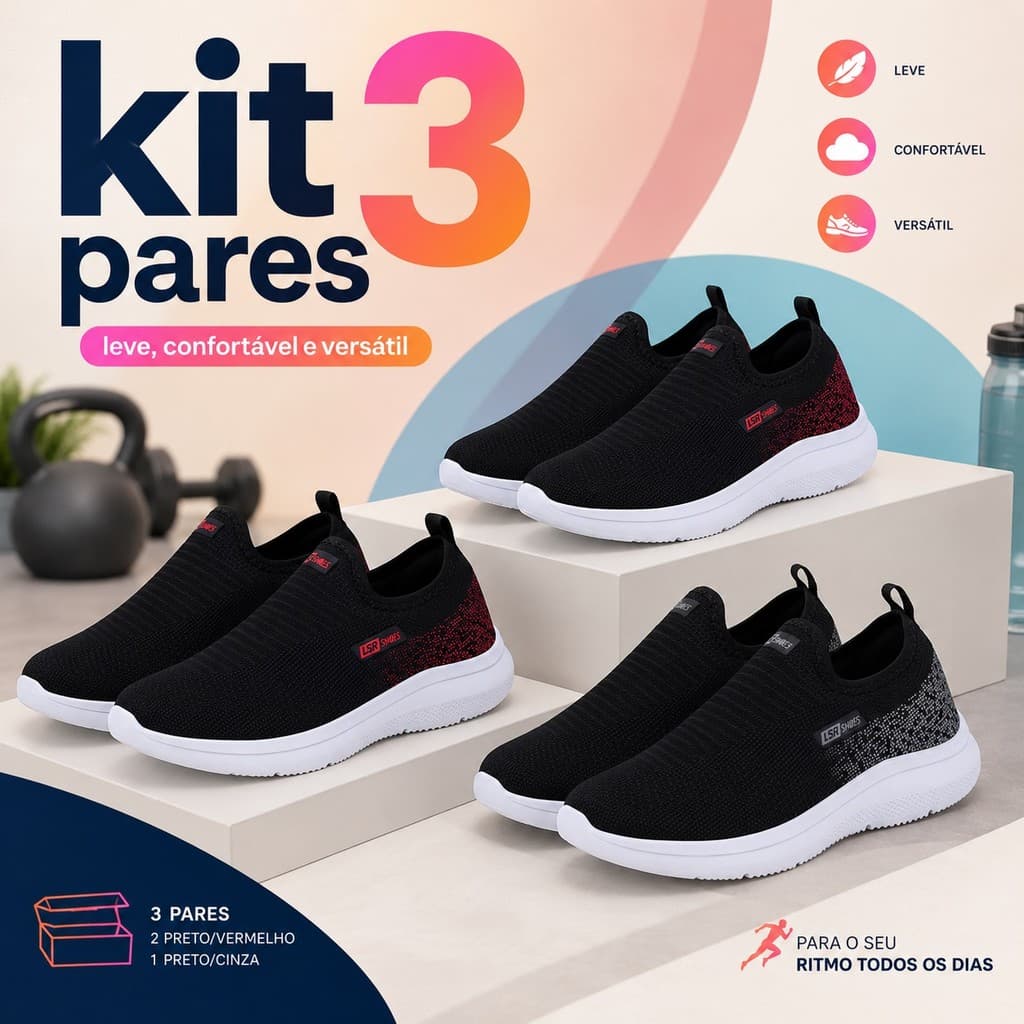 Kit 3 Tênis Feminino Meia Ortopédico Calce Fácil Caminhada
