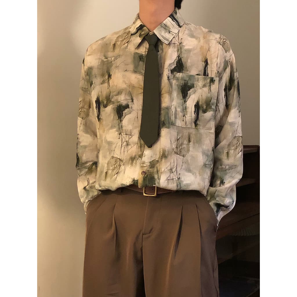 2026 primavera novo estilo Retro solto estilo chinês camisa meninos meninas tinta Graffiti impressão Casual camisa de ma